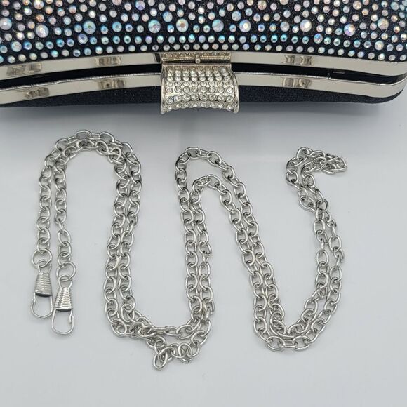 Black Clutch Bag Crystal Aurora Borealis Sparkle Silvertone Strap #551 - Picture 12 of 16